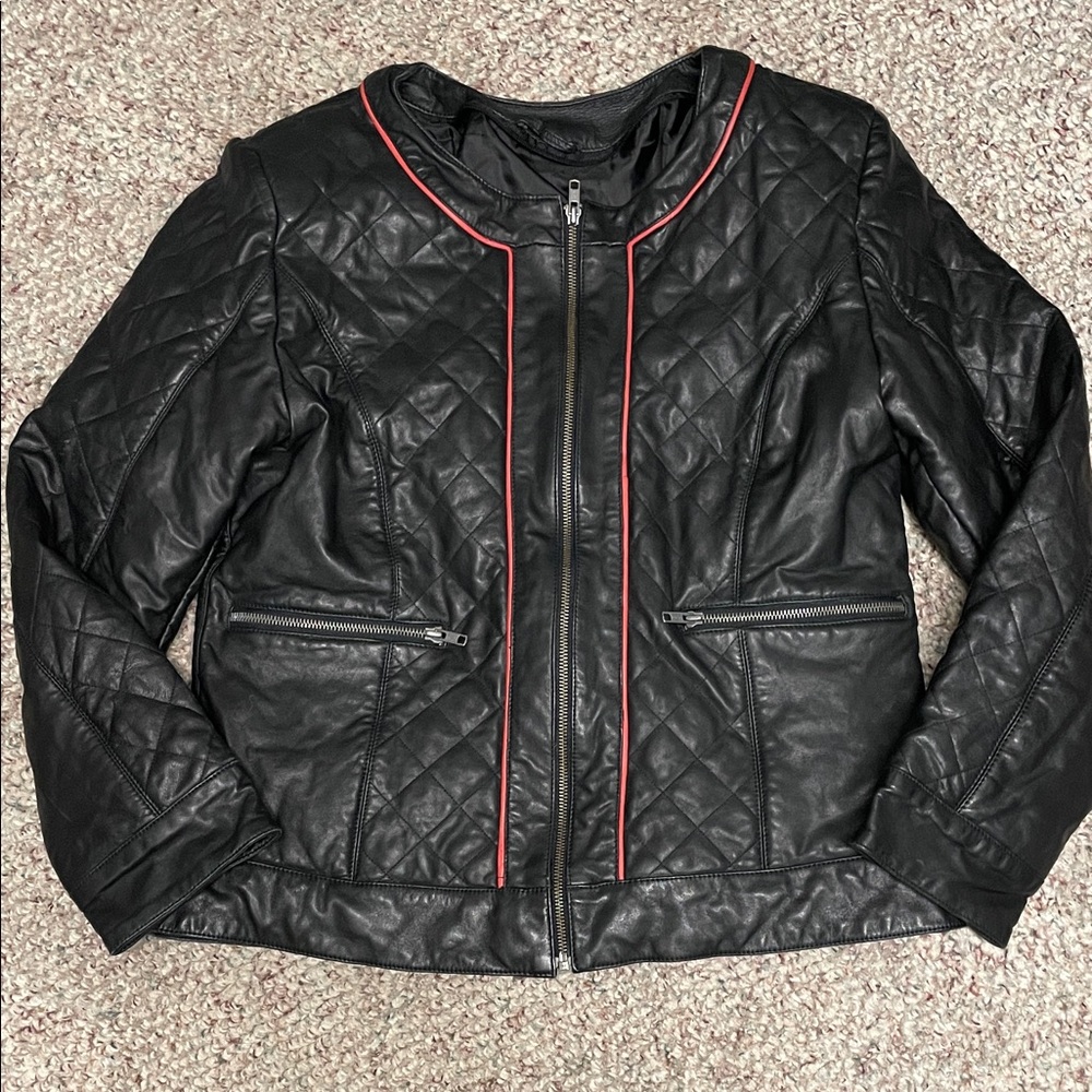 Vintage y2k Black Quilted leather Jacket with Red Trim